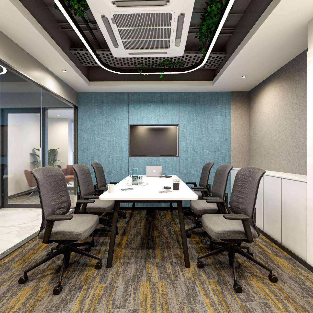 An expansive corporate elevator lobby and reception area, featuring pristine polished white marble walls and flooring with subtle veining. The space transitions into a modern reception desk in high-gloss white, flanked by a plush deep blue velvet armchair and a small side table positioned beneath a large window offering city views, all unified under a striking dark gray linear slat ceiling with integrated illumination.